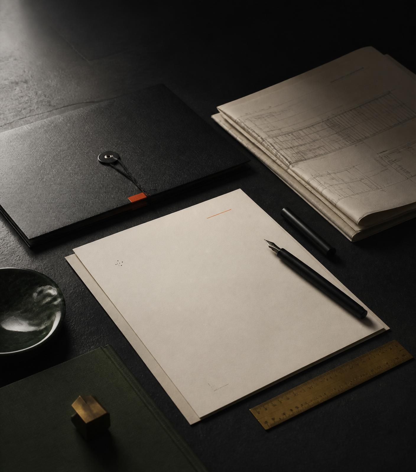 Editorial still life of insurance and health and safety documentation with architectural drawings